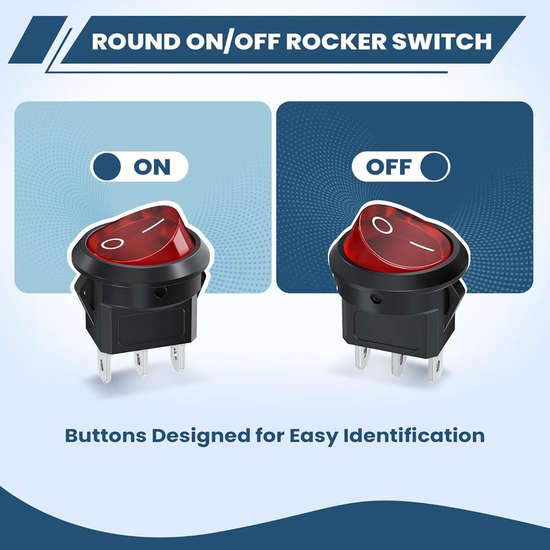DMTVAL 10Pcs 12V Red LED Round Rocker Switch Kit, 2 Pin 2 Position SPST ON/Off Toggle with Pre-Wired Leads, Rated 6A/250V 10A/125V, for Car, Boat, Marine, RV - Image 5